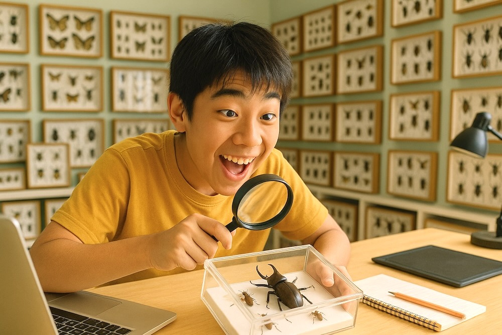虫の標本を観察しながら自由研究に熱中する日本の小学生の男の子
