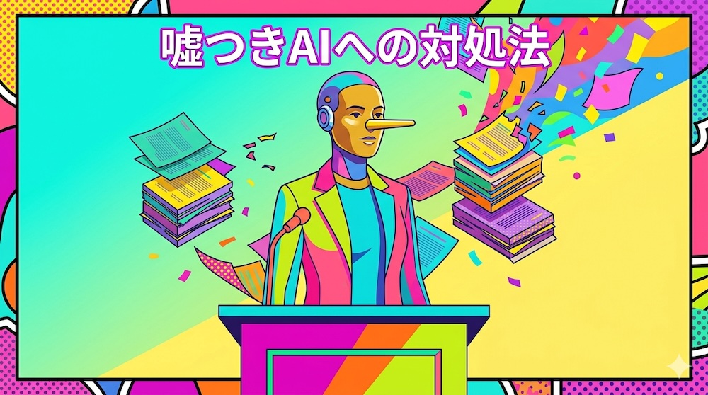 演台に立つ長い鼻のAIロボットと舞い散る書類を描いたポップアート風イラスト。AIが平気で嘘をつくハルシネーションと、その対処法を表すアイキャッチ画像。
