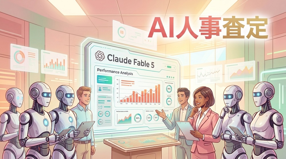 「AI人事査定」の文字と、AI社員たちの前でClaude Fable 5の評価画面を示す人たちのイラスト