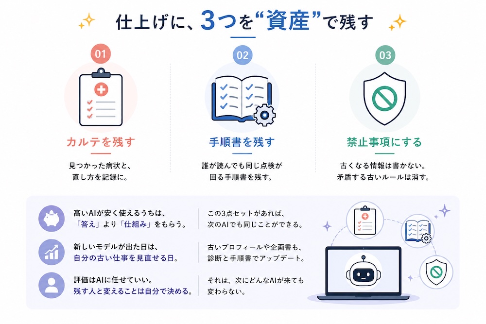 仕上げに残す3つの資産。カルテ、手順書、禁止事項を並べた図