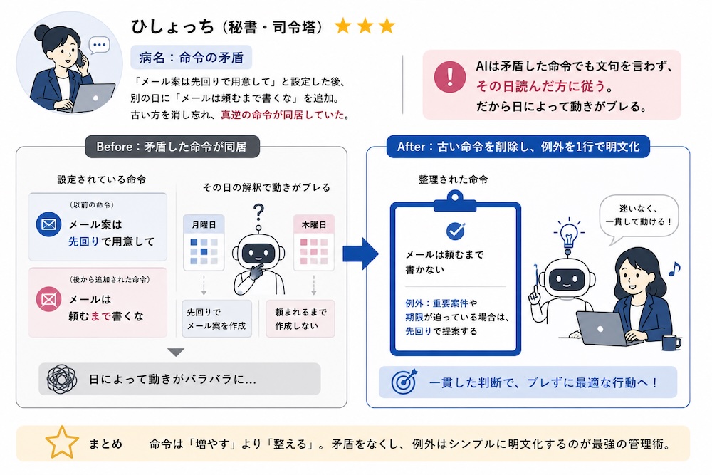 ひしょっちの病名「命令の矛盾」。古い命令を削除して例外を1行で明文化する前後を示した図