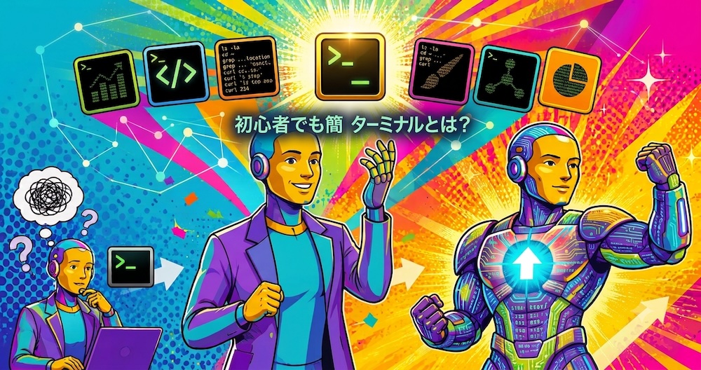 パソコンのターミナル画面に向き合う初心者のイメージ