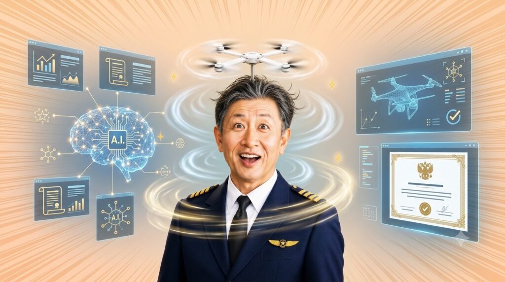 パイロットの制服を着た男性の周りに、AIの脳のイメージとドローン、資格証が浮かぶイラスト