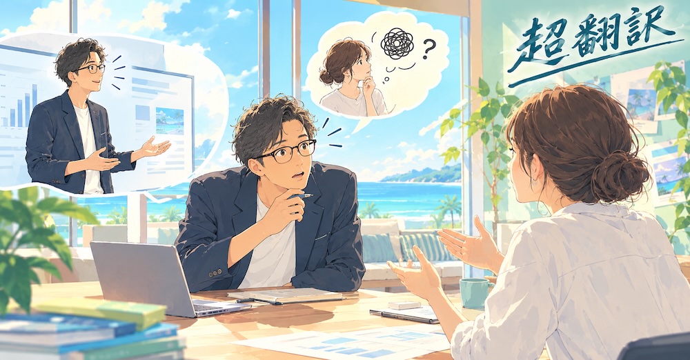 オーシャンビューのオフィスで身振りを交えて説明する男性と、頭の中に「?」と絡まった線が浮かぶ女性を描いたイラスト