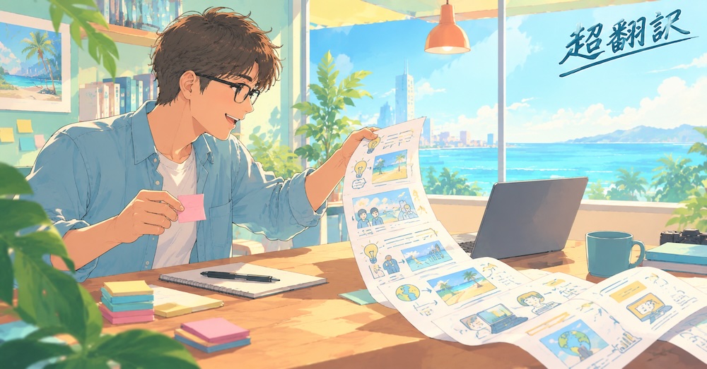 オーシャンビューの書斎で、まんが形式の説明資料を広げて見る眼鏡の男性を描いたイラスト