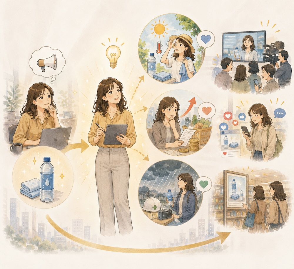 同じ商品を猛暑や値上げなど、その時期の世の中の関心に重ねて紹介するイラスト