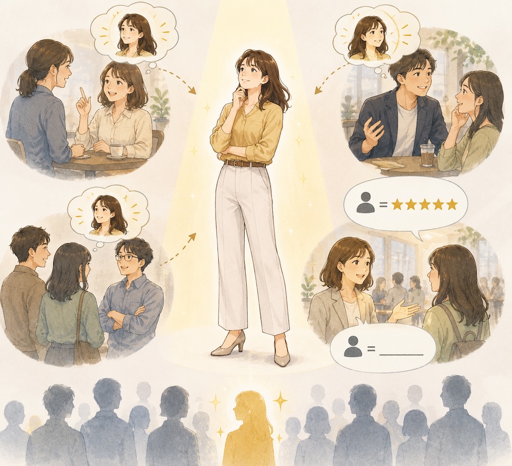 中央に一人の女性が立ち、そのまわりの四つの場面で別々の人たちがその女性について話しているイラスト。吹き出しの中には人型アイコンと五つ星、もう一つの吹き出しには人型アイコンと空欄。下部の群衆のシルエットのなかで、一人だけが黄色く光っている。
