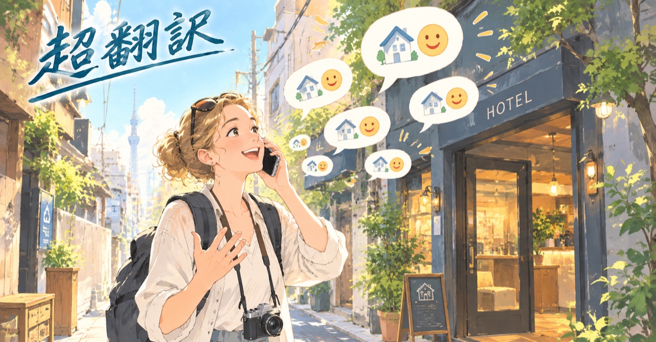 東京の路地の小さなホテルの前で、外国から来た旅行者が楽しそうに電話で友達に話し、家と笑顔の吹き出しが広がっていくイラスト(超翻訳)