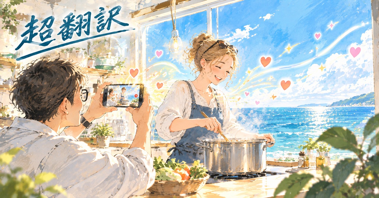 海が見えるキッチンで大きな鍋の出汁をとる女性と、その姿をスマホで撮るメガネの男性。窓の外へハートやきらめきが広がっていくイラスト(超翻訳)