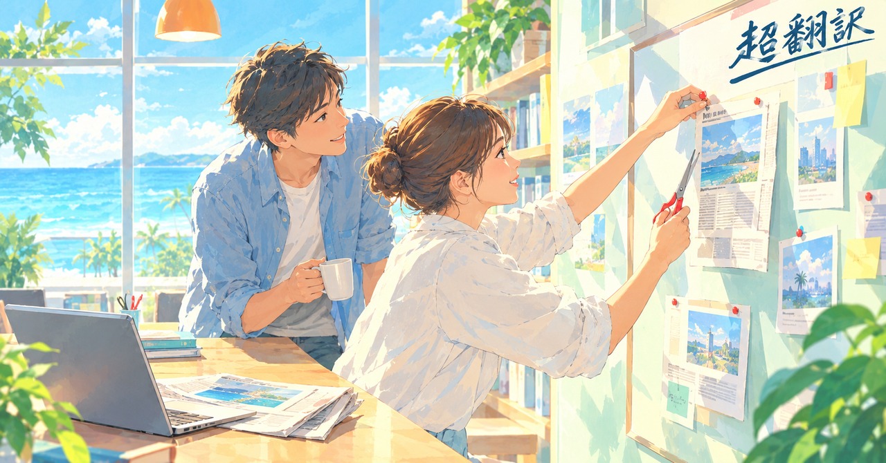 海の見える部屋で、新聞の切り抜きを壁のボードに貼る女性と、マグカップを手にそれを見る男性のイラスト（超翻訳）