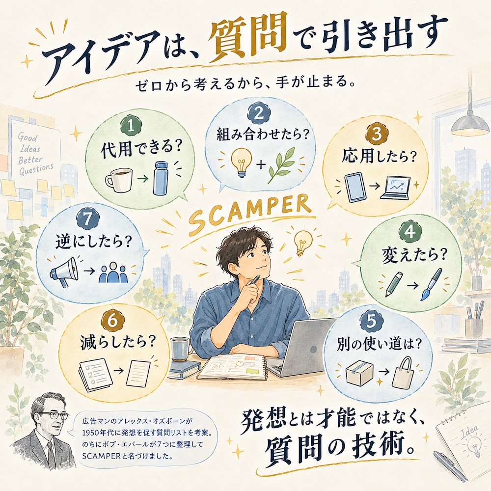 上に「アイデアは、質問で引き出す」、その下に「ゼロから考えるから、手が止まる。」と書かれたイラスト。中央では青いシャツの男性が、ノートパソコンとノートを前にペンをあごに当てて考えていて、頭の上に「SCAMPER」の文字。男性のまわりの7つの吹き出しに、番号つきで「代用できる?」「組み合わせたら?」「応用したら?」「変えたら?」「別の使い道は?」「減らしたら?」「逆にしたら?」と書かれ、それぞれにマグカップから水筒、電球と葉、スマートフォンからノートパソコン、鉛筆から筆、段ボール箱から手提げ袋、重なった書類から1枚の紙、メガホンから人の集まりへの小さな絵がついている。左下には眼鏡をかけたスーツの年配の男性の絵と「広告マンのアレックス・オズボーンが1950年代に発想を促す質問リストを考案。のちにボブ・エバールが7つに整理してSCAMPERと名づけました。」の説明、右下に「発想とは才能ではなく、質問の技術。」。