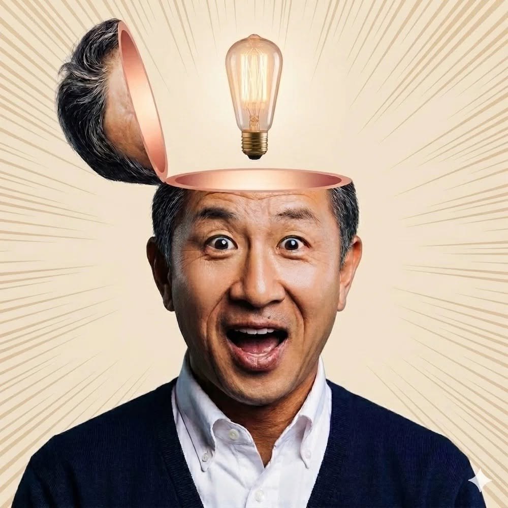 頭の中から電球が現れるイラスト